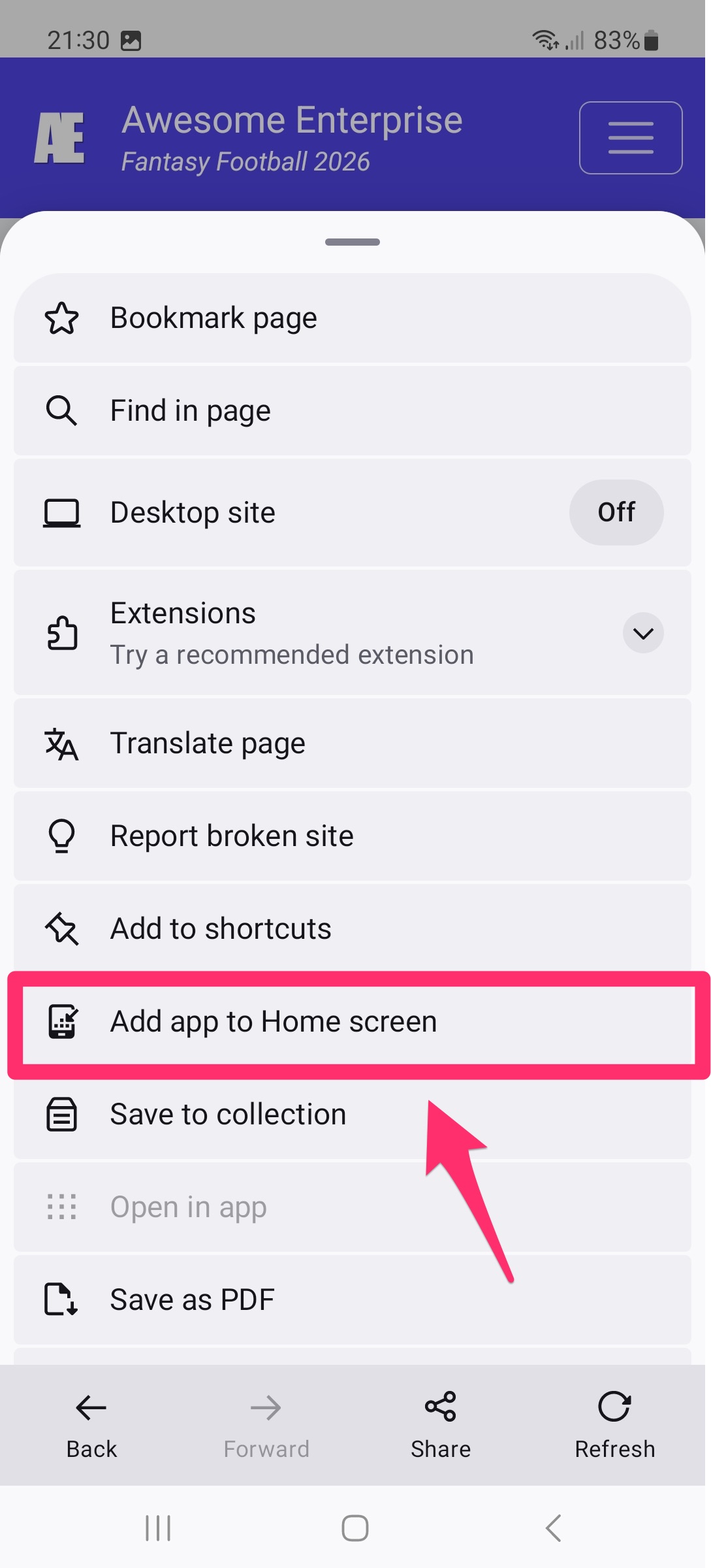 Add app to Home screen option in Firefox on Android